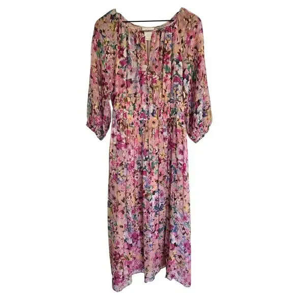 Shoshanna Silk Floral Midi Dress Pink Ruched Keyhole Size 8 - Picture 2 of 8